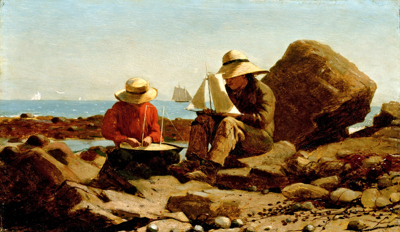 The Boat Builders by Winslow Homer: two boys in straw hats sit on rocks making toy sailboats, real ships on a blue sea