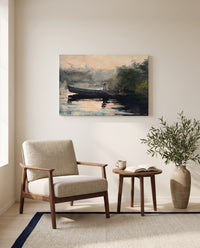 The End of the Day by Winslow Homer as a stretched canvas above a linen lounge chair in a reading corner