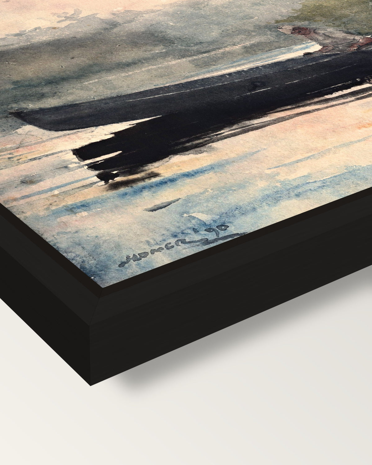 The End of the Day by Winslow Homer framed canvas, corner close-up: a black floating frame with a shadow gap round the canvas