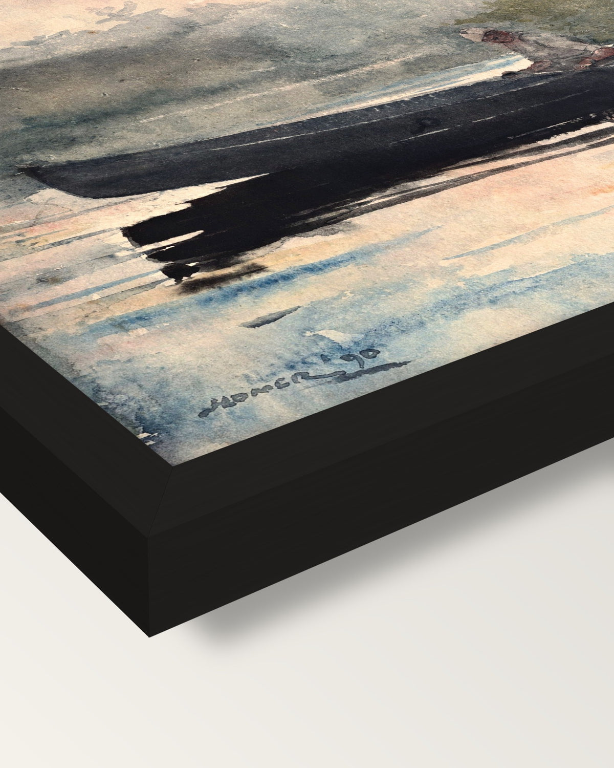 The End of the Day by Winslow Homer framed print, corner close-up: black moulding, mitred, the print set just below its edge