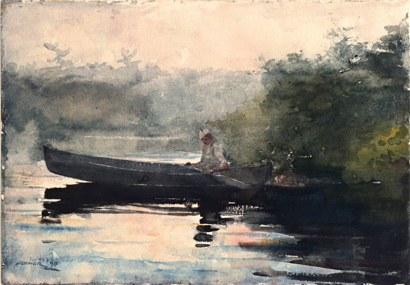 The End of the Day by Winslow Homer: a fisherman in a dark canoe on still water, misty trees and a pink and orange sunset