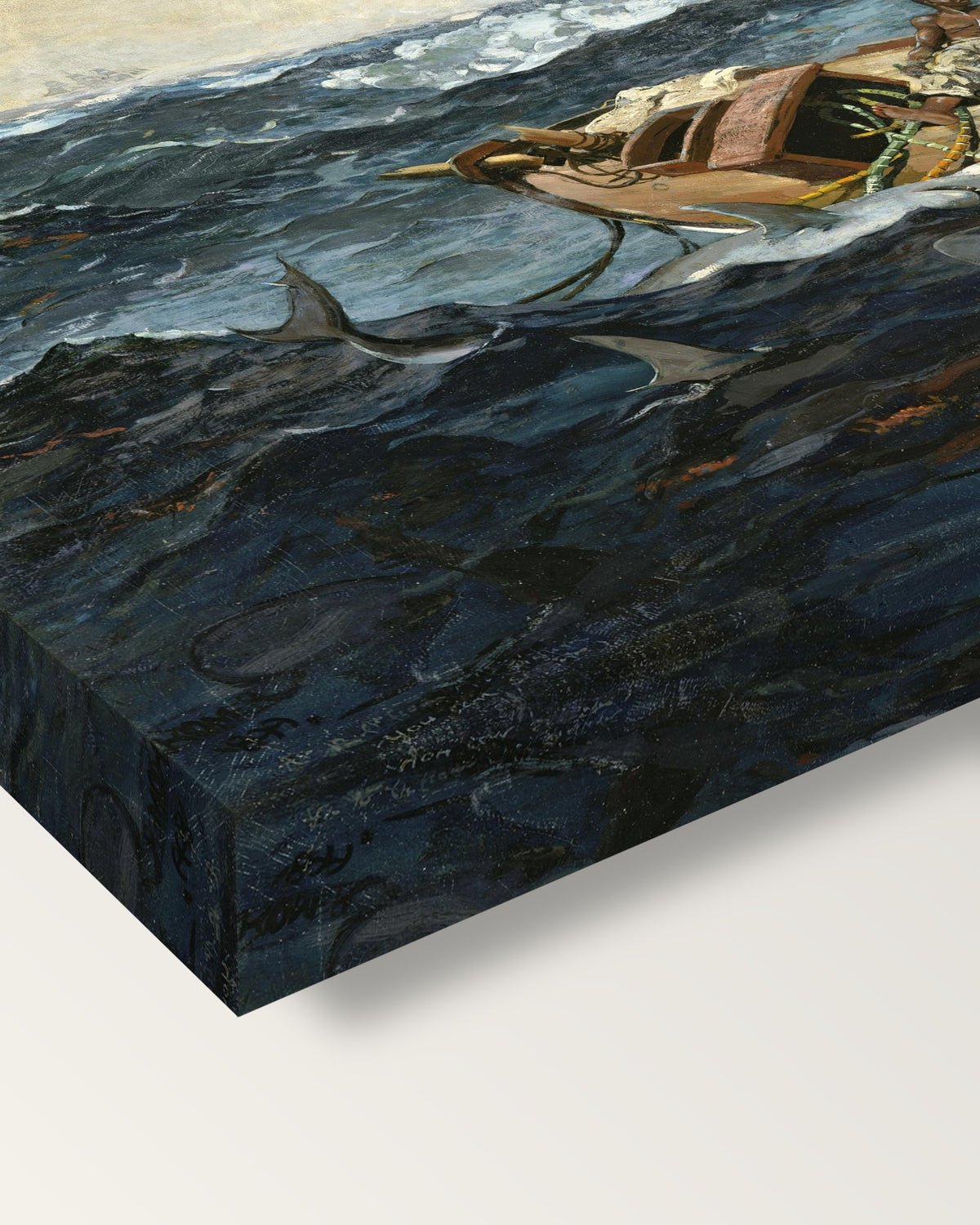 The Gulf Stream by Winslow Homer on stretched canvas, corner close-up: the painting mirror-wrapped round the sides