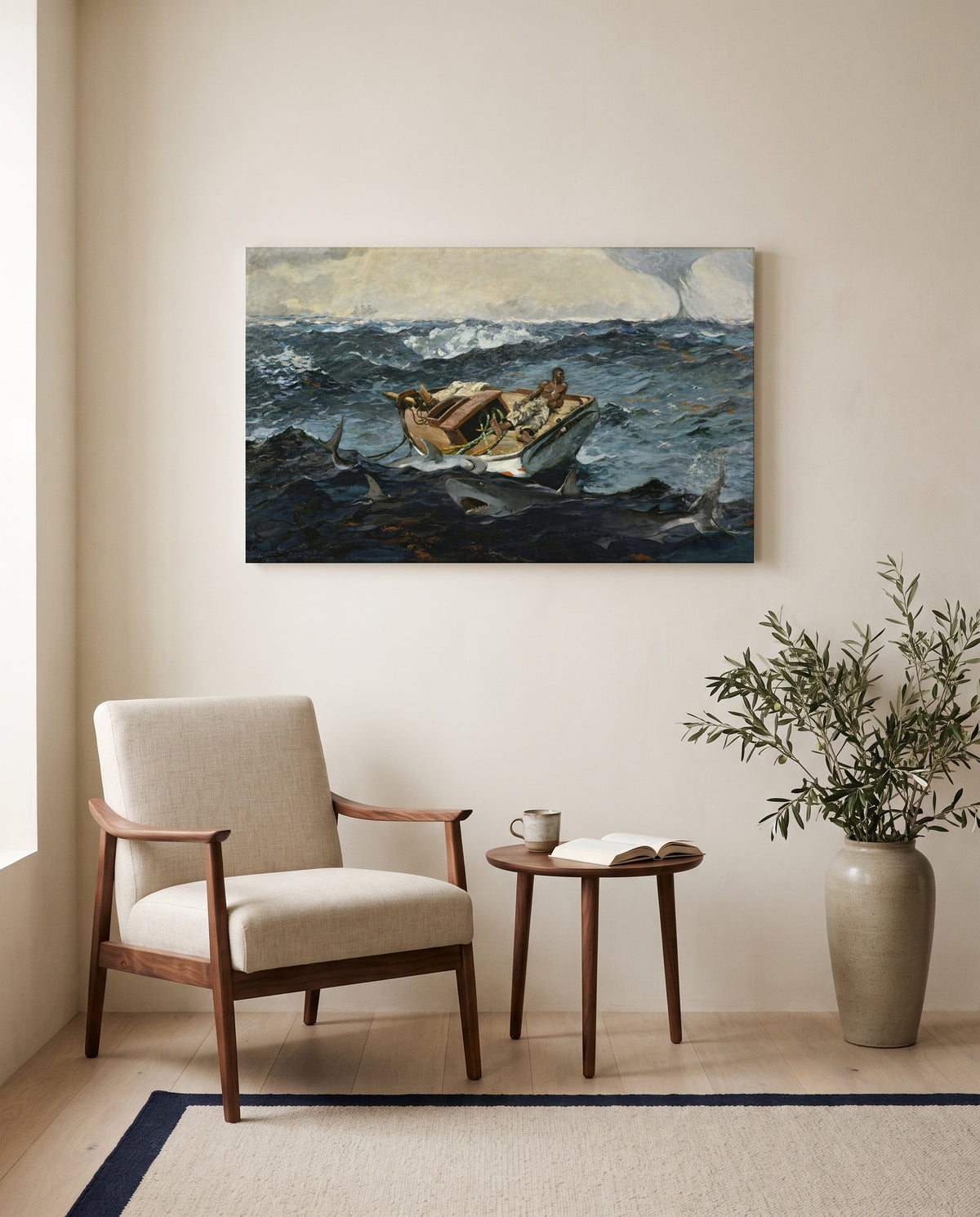 The Gulf Stream by Winslow Homer as a stretched canvas above a linen lounge chair in a reading corner