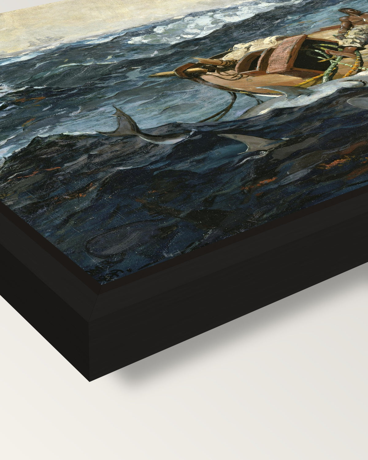 The Gulf Stream by Winslow Homer framed canvas, corner close-up: a black floating frame with a shadow gap round the canvas