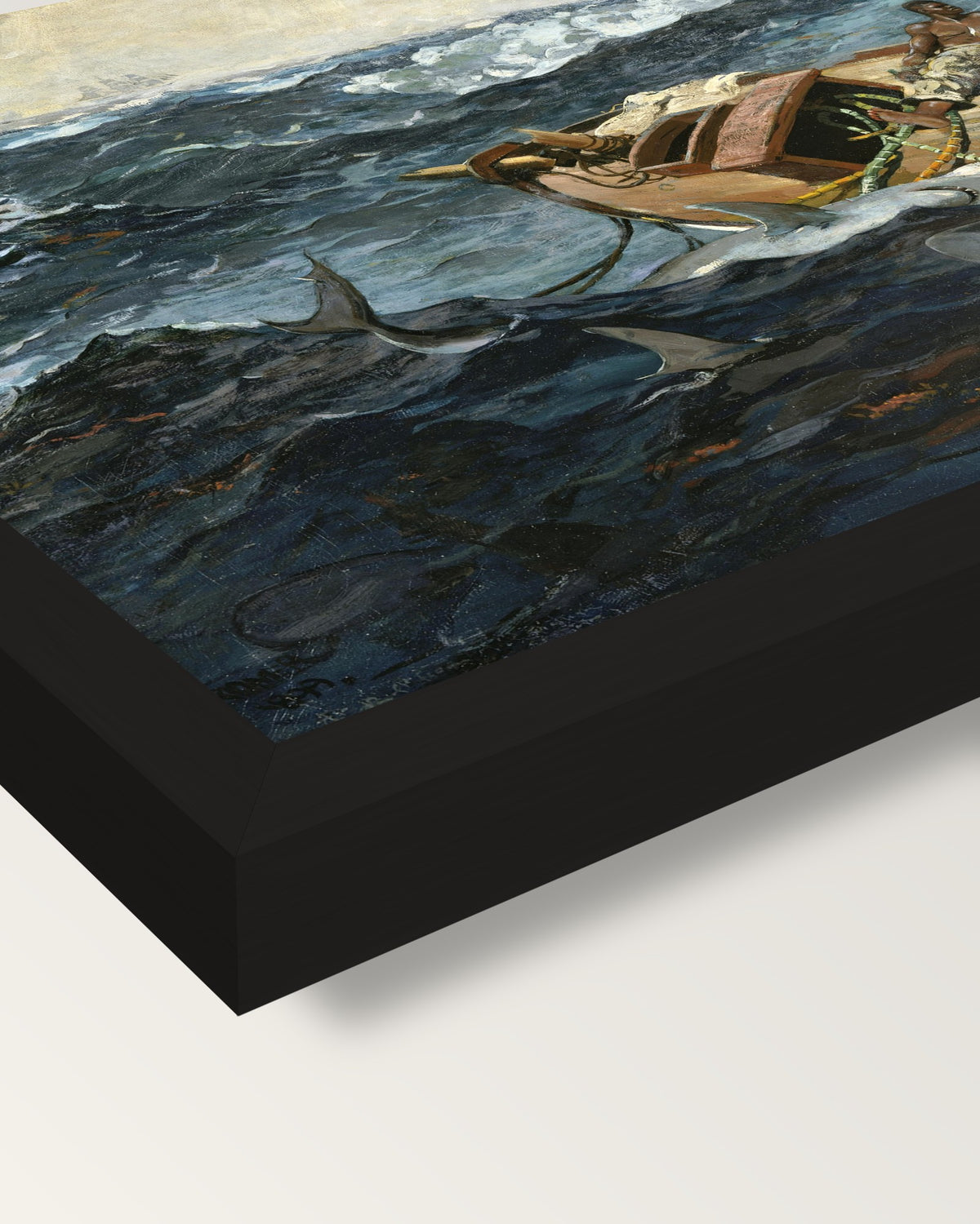 The Gulf Stream by Winslow Homer framed print, corner close-up: black moulding, mitred, the print set just below its edge