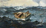The Gulf Stream by Winslow Homer: a man in a dismasted boat on rough blue-green sea, sharks circling and a waterspout