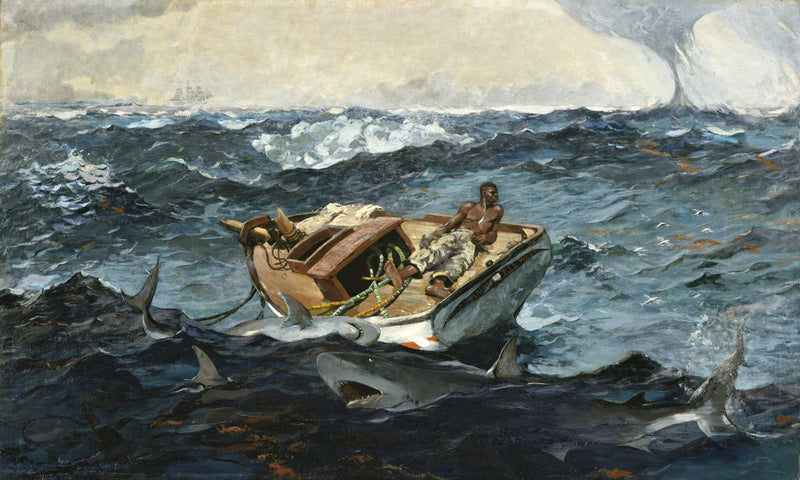 The Gulf Stream by Winslow Homer: a man in a dismasted boat on rough blue-green sea, sharks circling and a waterspout