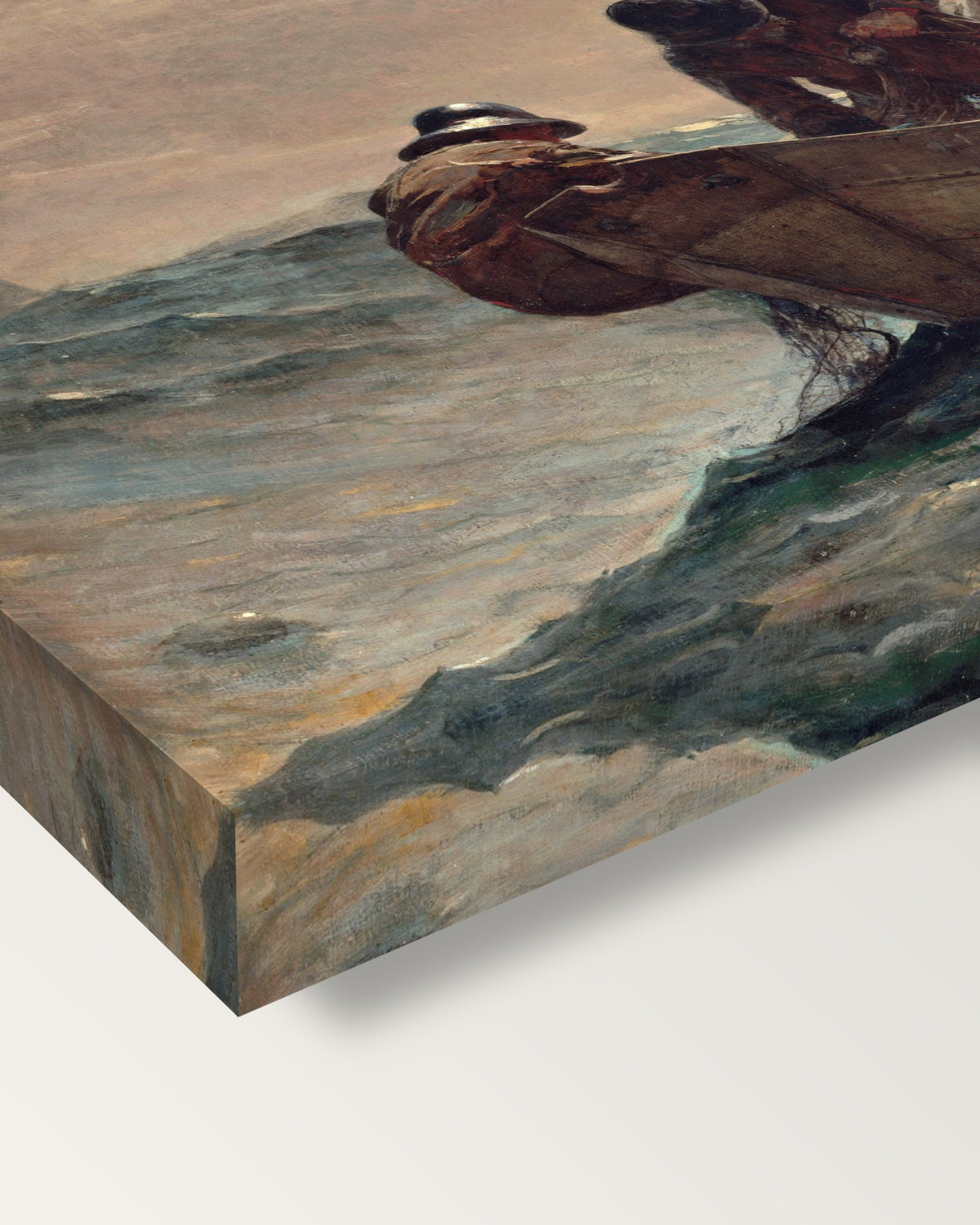 The Herring Net by Winslow Homer on stretched canvas, corner close-up: the painting mirror-wrapped round the sides