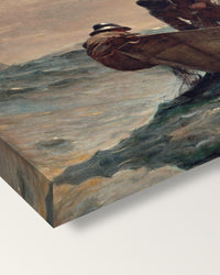The Herring Net by Winslow Homer on stretched canvas, corner close-up: the painting mirror-wrapped round the sides