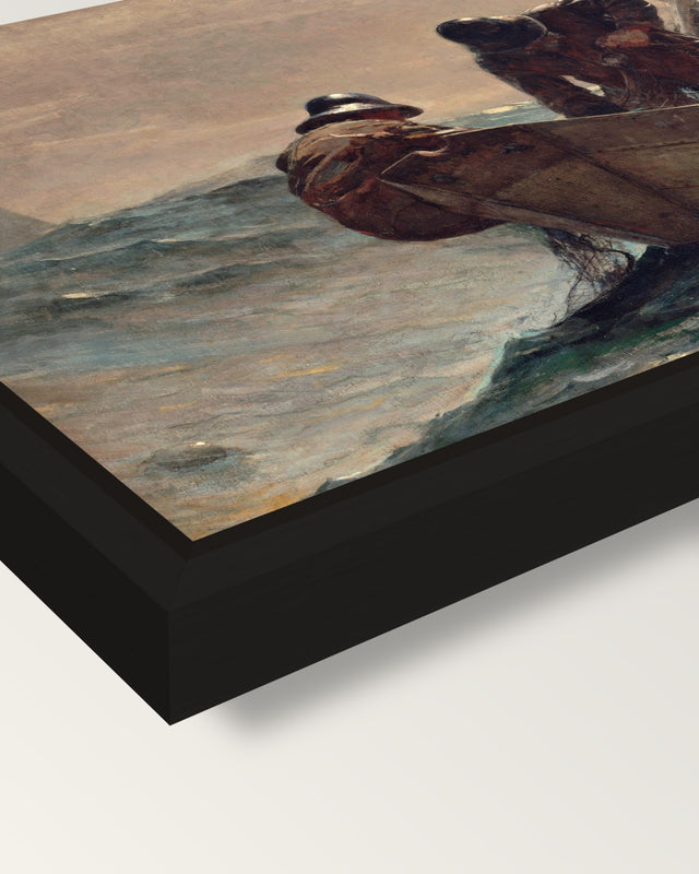 The Herring Net by Winslow Homer framed canvas, corner close-up: a black floating frame with a shadow gap round the canvas