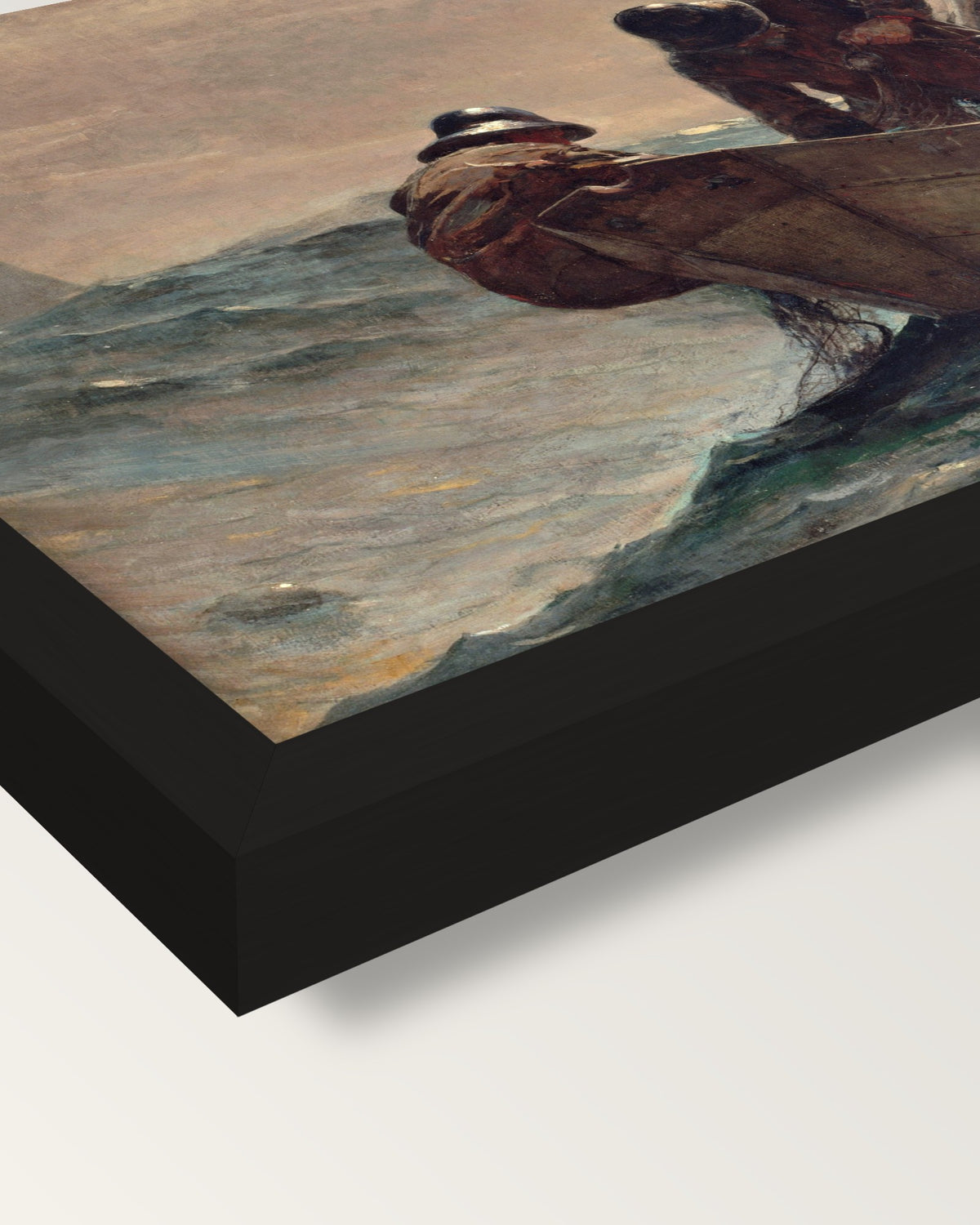 The Herring Net by Winslow Homer framed print, corner close-up: black moulding, mitred, the print set just below its edge