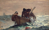 The Herring Net by Winslow Homer: two fishermen in a small boat haul a net of silver fish over the side on a rolling grey sea