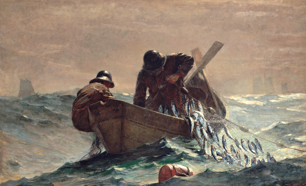The Herring Net by Winslow Homer: two fishermen in a small boat haul a net of silver fish over the side on a rolling grey sea