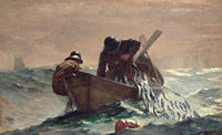 The Herring Net by Winslow Homer: two fishermen in a small boat haul a net of silver fish over the side on a rolling grey sea