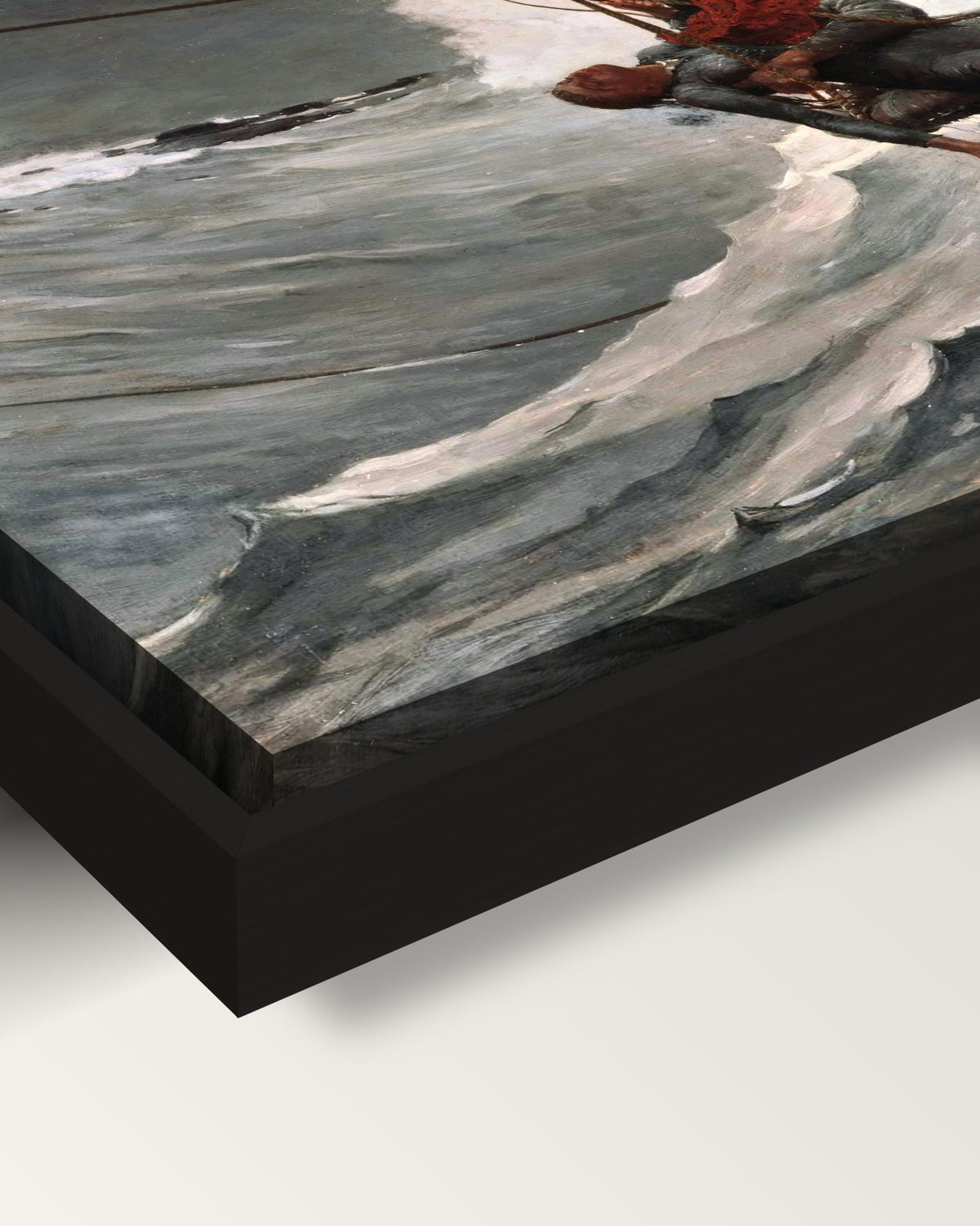 The Life Line by Winslow Homer framed canvas, corner close-up: a black floating frame with a shadow gap round the canvas