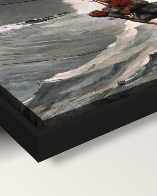 The Life Line by Winslow Homer framed canvas, corner close-up: a black floating frame with a shadow gap round the canvas
