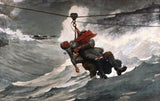 The Life Line by Winslow Homer: a man carries a fainted woman along a rope over huge grey waves, a red scarf over his face