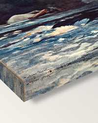 The Rapids, Hudson River by Winslow Homer on stretched canvas, corner close-up: the painting mirror-wrapped round the sides