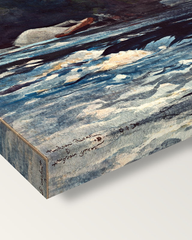 The Rapids, Hudson River by Winslow Homer on stretched canvas, corner close-up: the painting mirror-wrapped round the sides