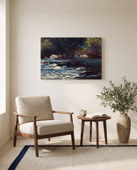 The Rapids, Hudson River by Winslow Homer as a stretched canvas above a linen lounge chair in a reading corner