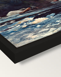 The Rapids, Hudson River by Homer framed canvas, corner close-up: a black floating frame with a shadow gap round the canvas