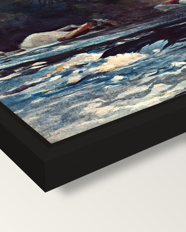 The Rapids, Hudson River by Homer framed canvas, corner close-up: a black floating frame with a shadow gap round the canvas