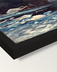 The Rapids, Hudson River by Homer framed print, corner close-up: black moulding, mitred, the print set just below its edge
