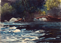 The Rapids, Hudson River by Winslow Homer: dark rushing river water foaming white over rocks, cut logs on the wooded bank