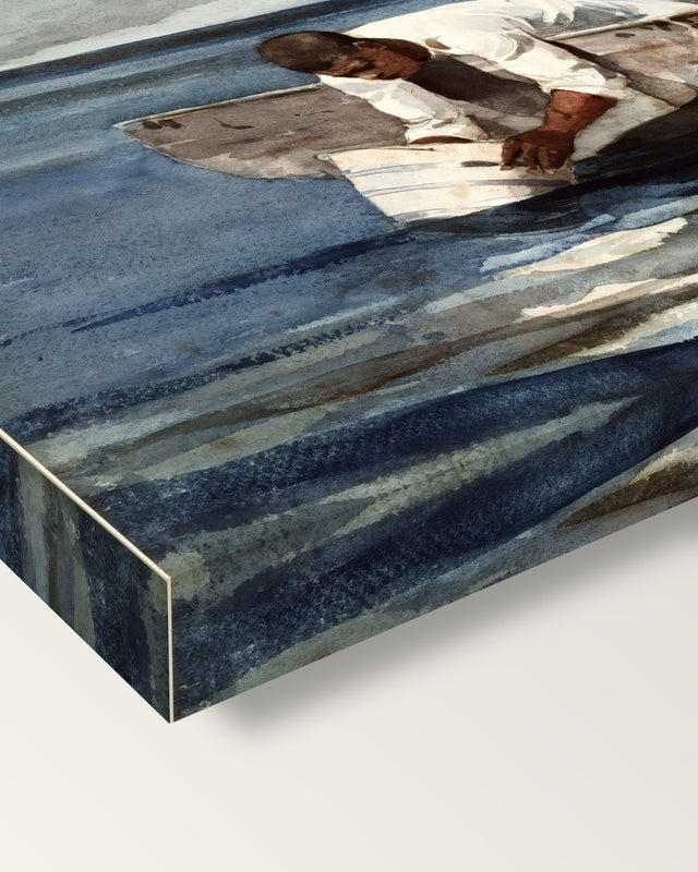 The Water Fan by Winslow Homer on stretched canvas, corner close-up: the painting mirror-wrapped round the sides