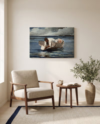 The Water Fan by Winslow Homer as a stretched canvas above a linen lounge chair in a reading corner