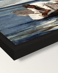 The Water Fan by Winslow Homer framed canvas, corner close-up: a black floating frame with a shadow gap round the canvas