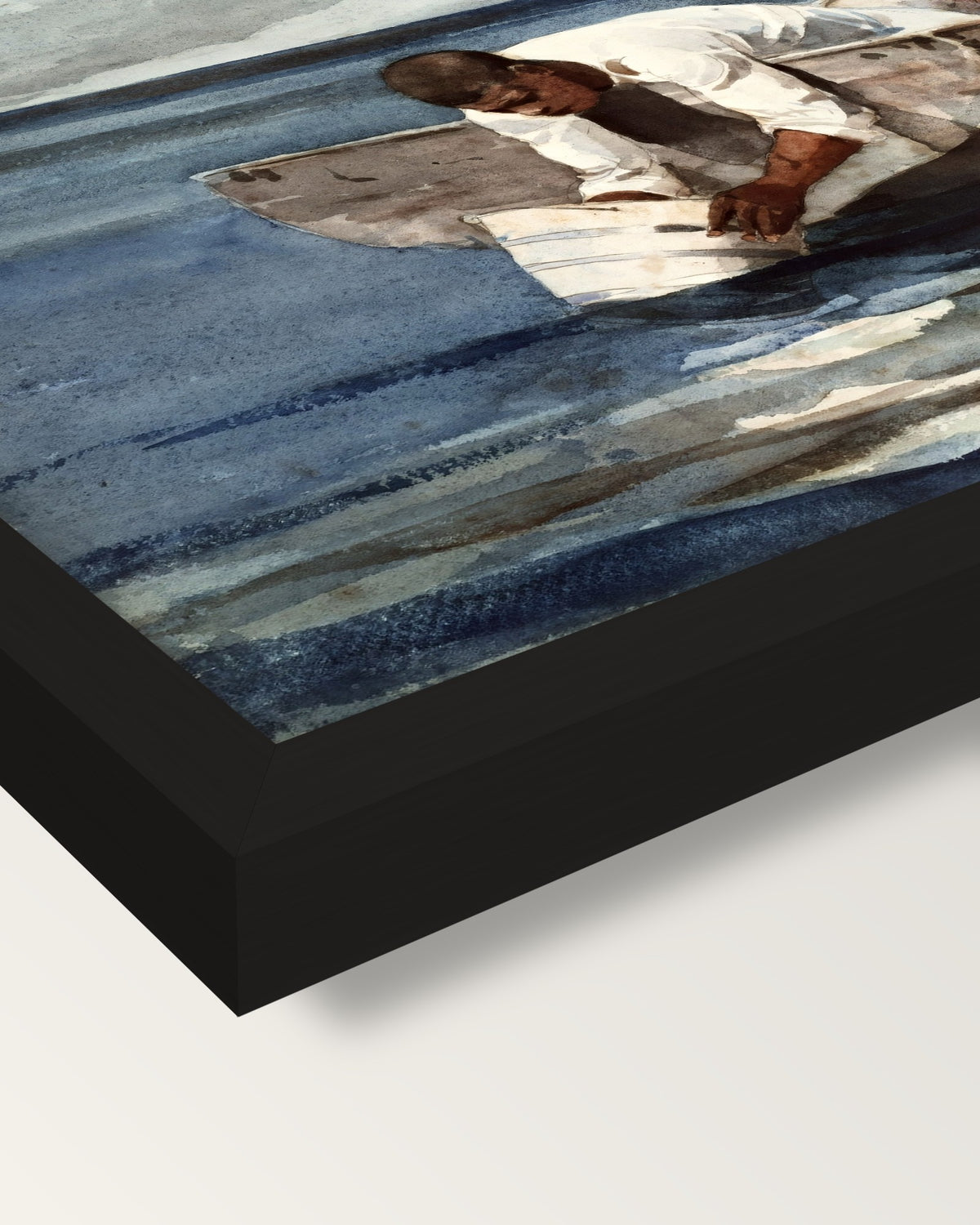The Water Fan by Winslow Homer framed print, corner close-up: black moulding, mitred, the print set just below its edge