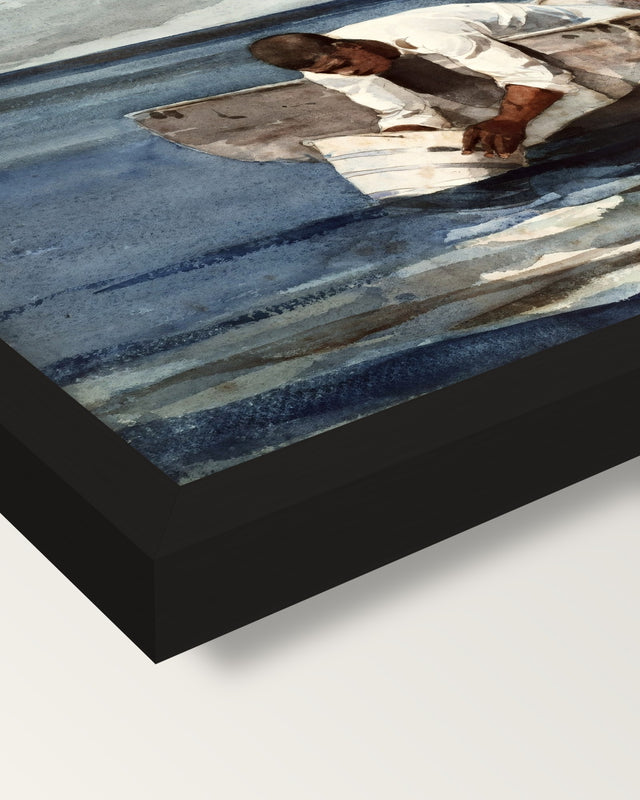 The Water Fan by Winslow Homer framed print, corner close-up: black moulding, mitred, the print set just below its edge