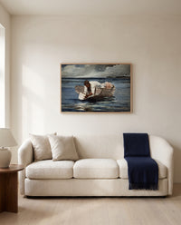 The Water Fan by Winslow Homer framed in natural oak above a cream sofa in a warm living room