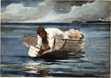 The Water Fan by Winslow Homer: a man leaning from a small boat to look through a glass-bottomed bucket into blue water