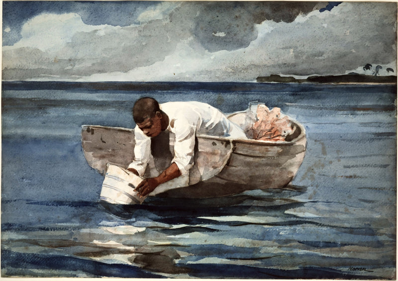 The Water Fan by Winslow Homer: a man leaning from a small boat to look through a glass-bottomed bucket into blue water