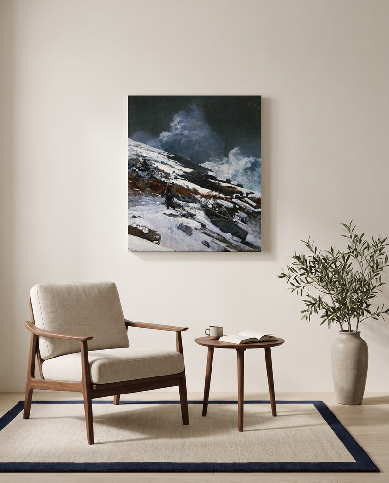 Winter Coast by Winslow Homer as a stretched canvas above a linen lounge chair in a reading corner