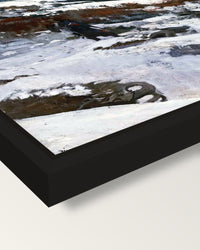 Winter Coast by Winslow Homer framed canvas, corner close-up: a black floating frame with a shadow gap round the canvas