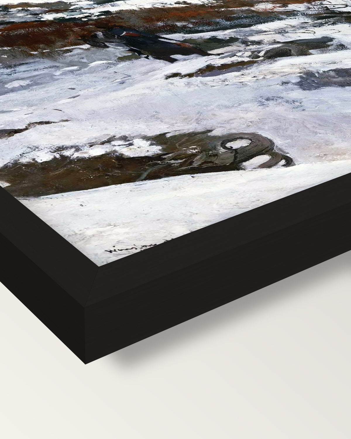 Winter Coast by Winslow Homer framed print, corner close-up: black moulding, mitred, the print set just below its edge