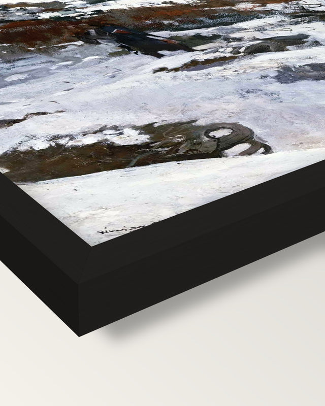 Winter Coast by Winslow Homer framed print, corner close-up: black moulding, mitred, the print set just below its edge
