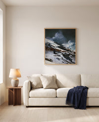 Winter Coast by Winslow Homer framed in natural oak above a cream sofa in a warm living room