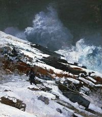 Winter Coast by Winslow Homer: snowy rocks and a breaking wave under a dark sky, a small hunter with a goose on the shore