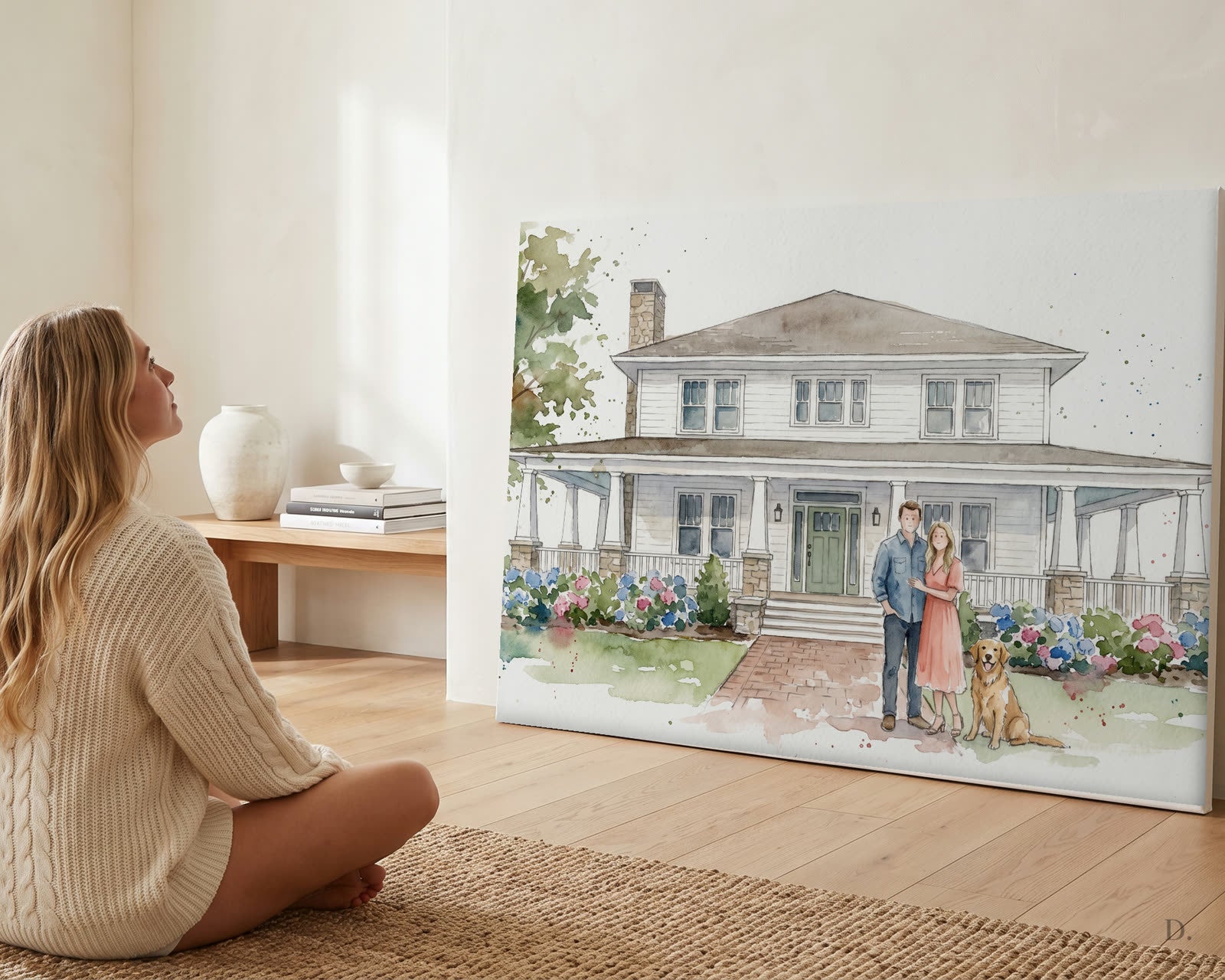 A framed watercolour portrait of a family home, resting against a wall while its owner looks at it.