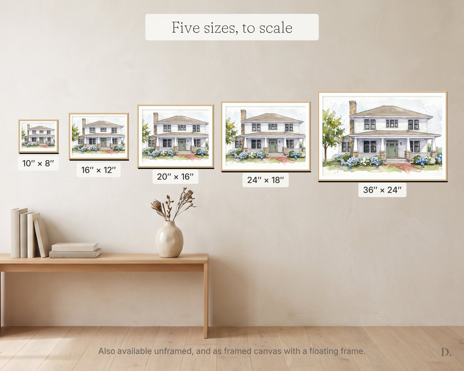 All five sizes shown to scale on one wall, from the smallest at left to the largest at right, each labelled with its measurements.
