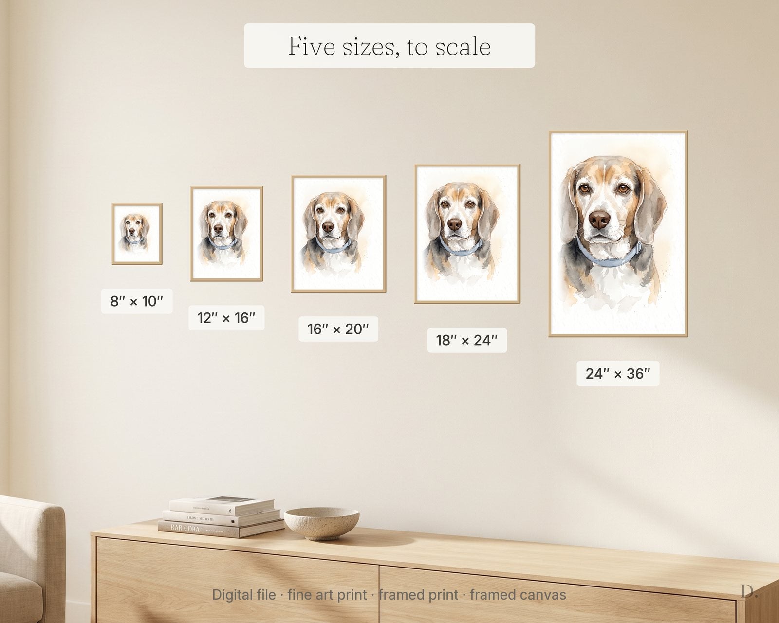 All five sizes shown to scale on one wall, from the smallest at left to the largest at right, each labelled with its measurements.
